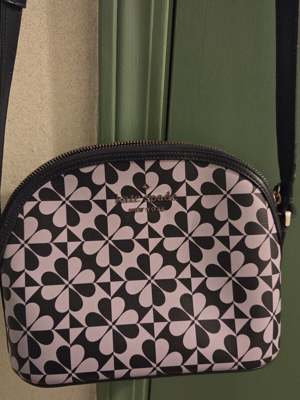 Kate Spade Black and Light Purple Floral Tile Crossbody Bag